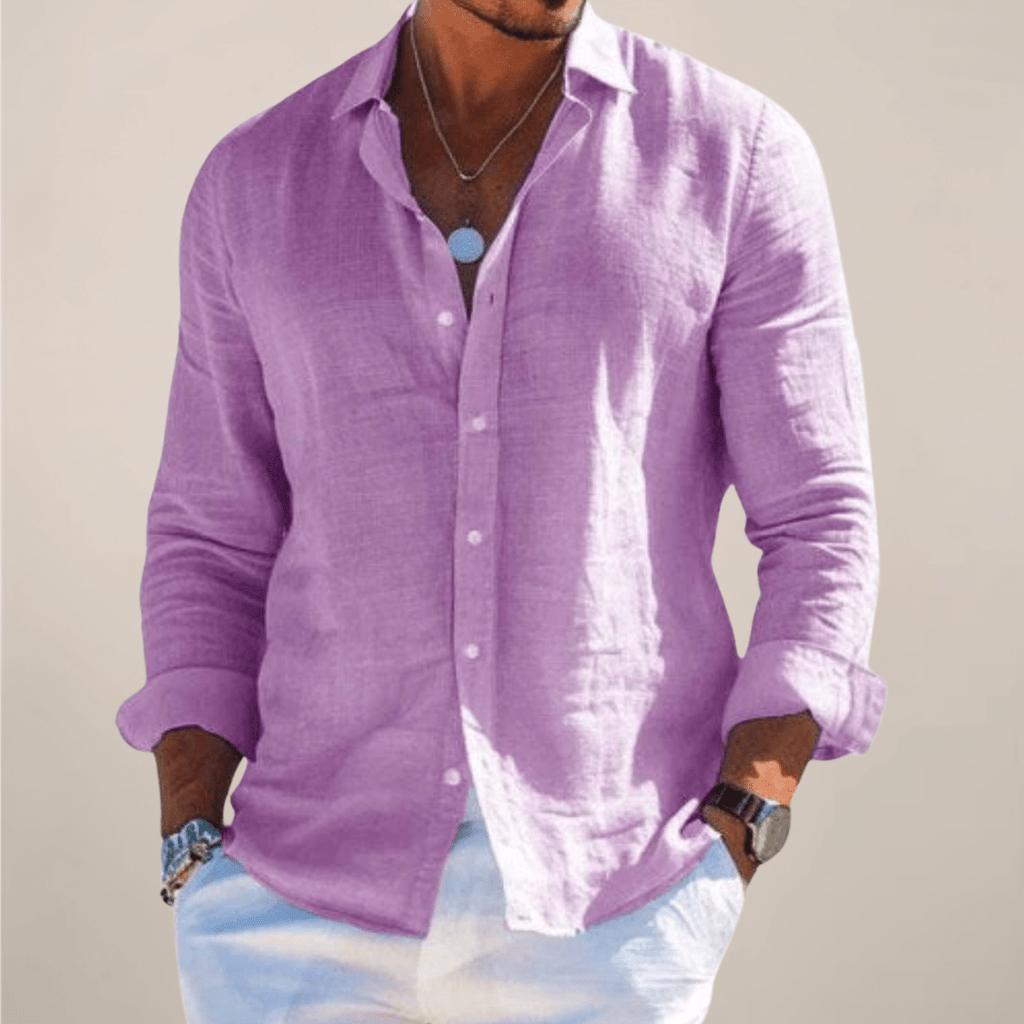 Men’s Linen Long Sleeve Button - Up Shirt with Collared Neck