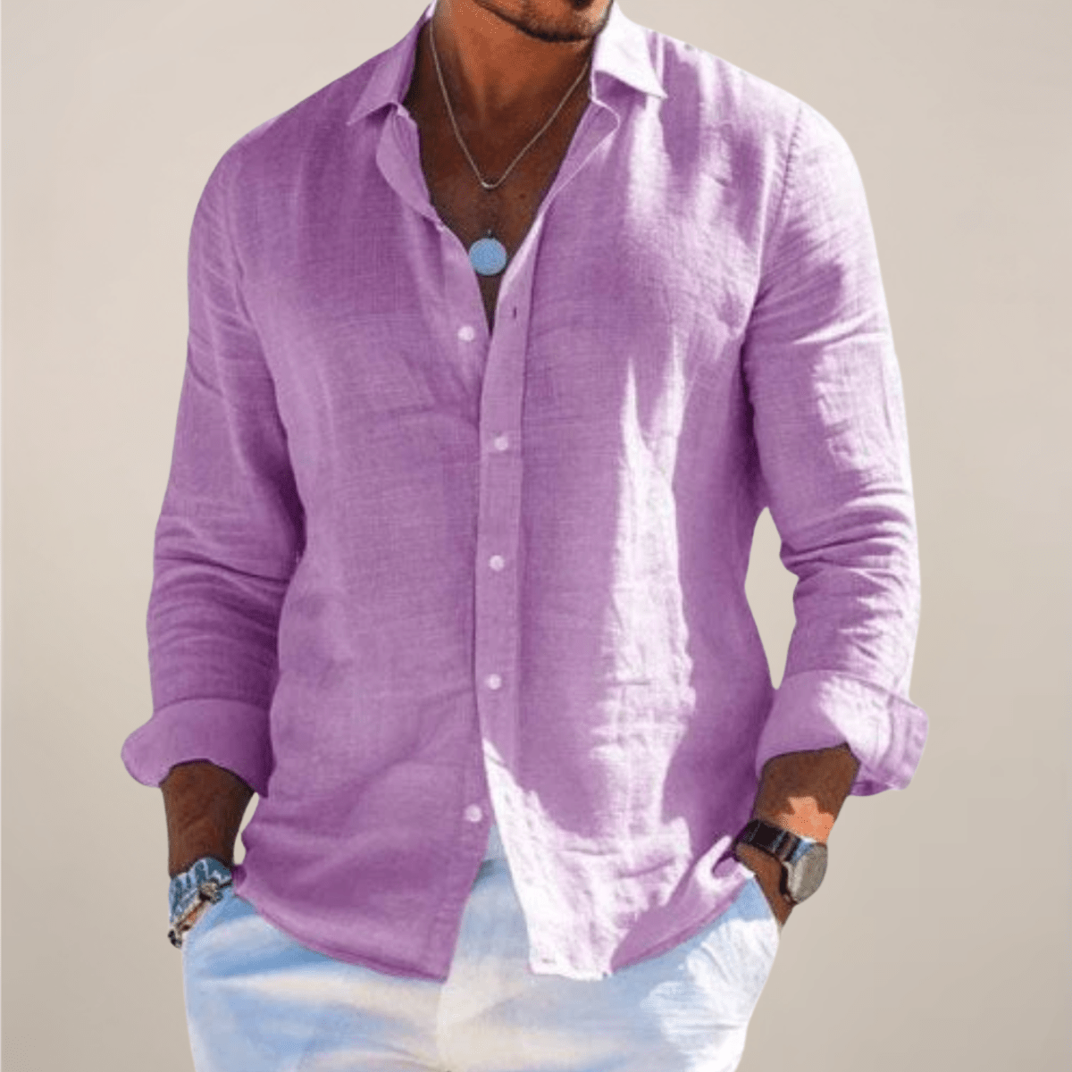 Men’s Linen Long Sleeve Button - Up Shirt with Collared Neck