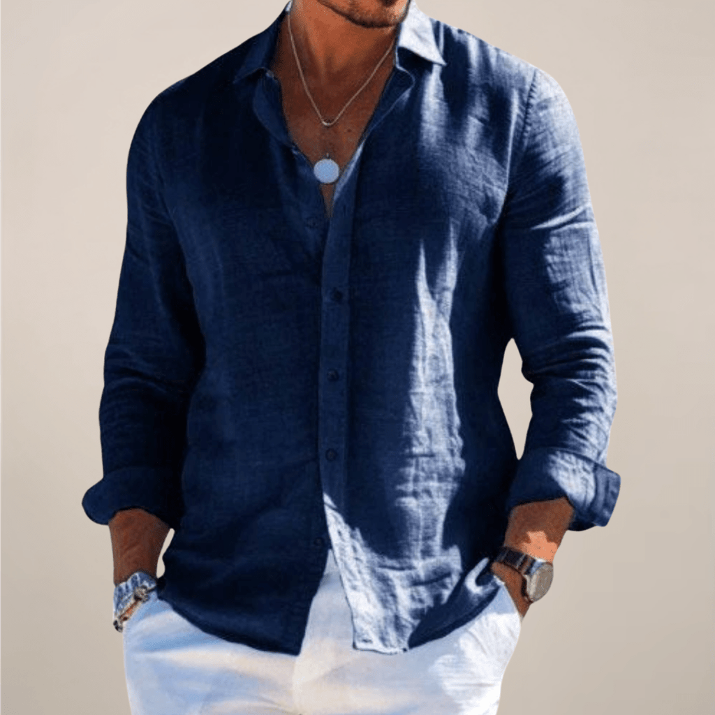 Men’s Linen Long Sleeve Button - Up Shirt with Collared Neck