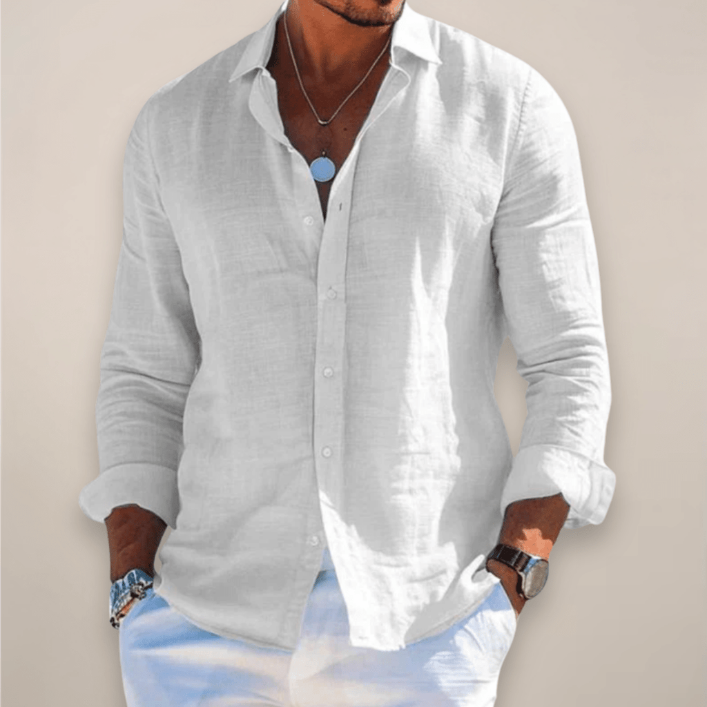 Men’s Linen Long Sleeve Button - Up Shirt with Collared Neck
