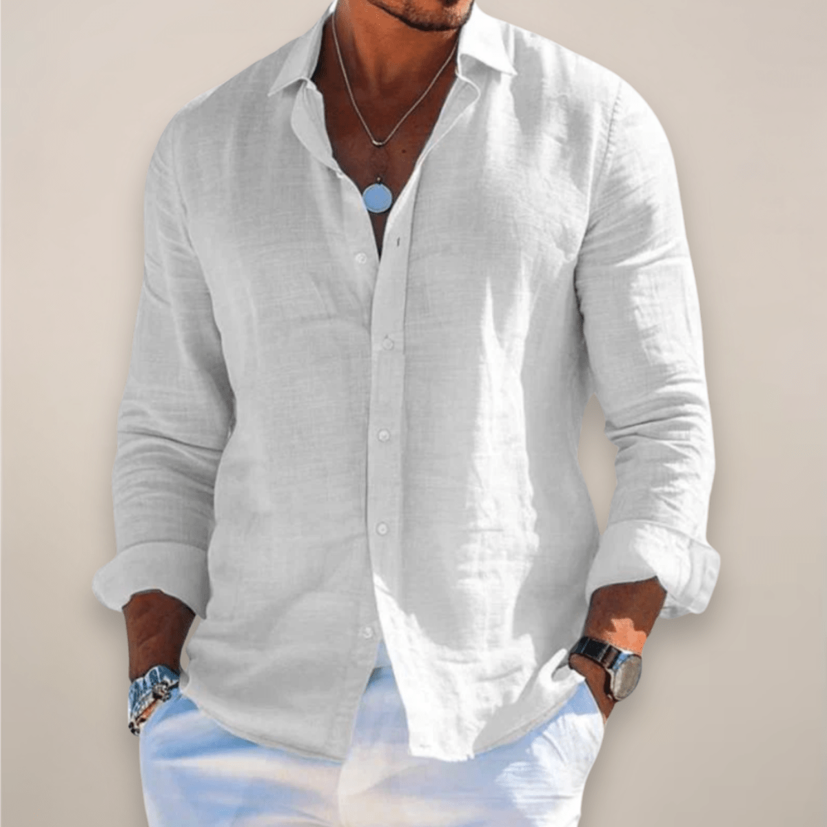 Men’s Linen Long Sleeve Button - Up Shirt with Collared Neck