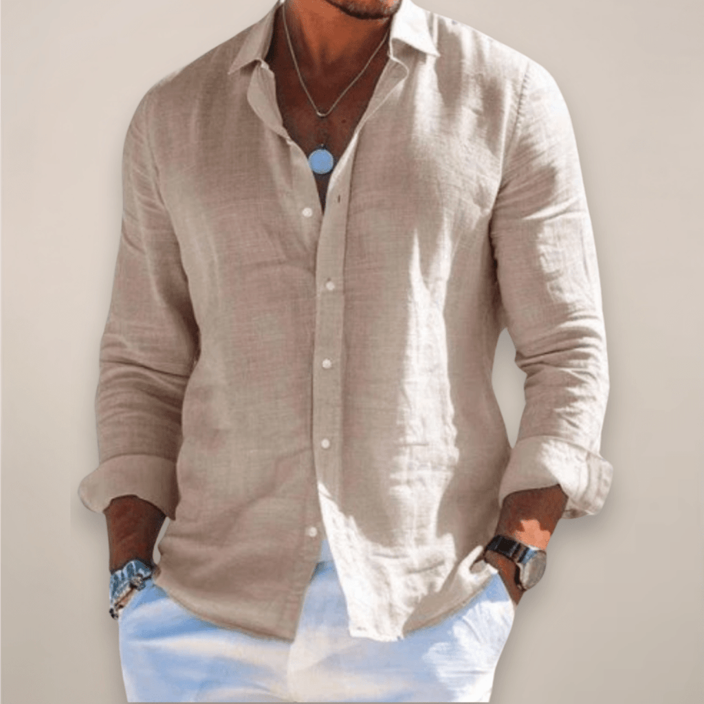 Men’s Linen Long Sleeve Button - Up Shirt with Collared Neck