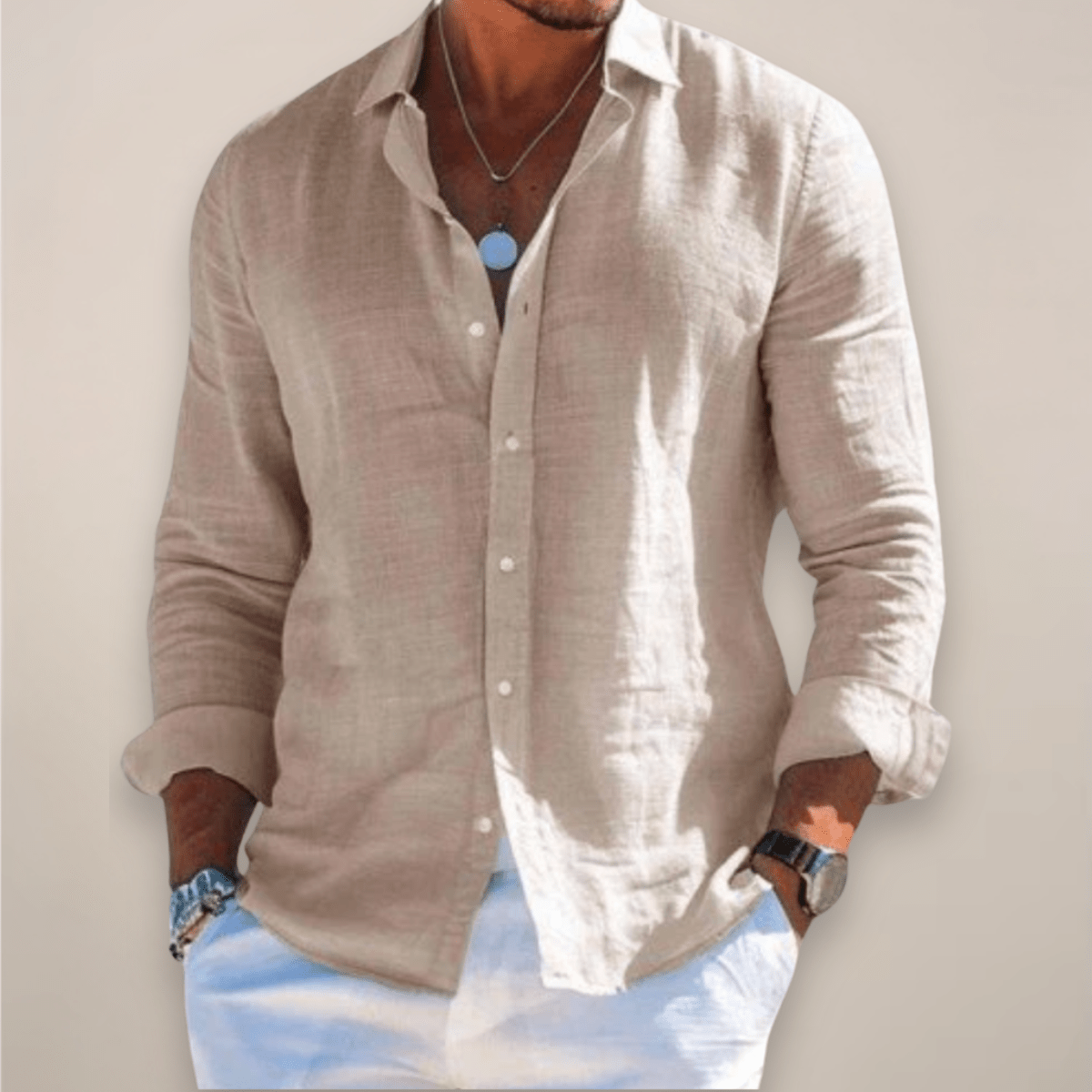Men’s Linen Long Sleeve Button - Up Shirt with Collared Neck