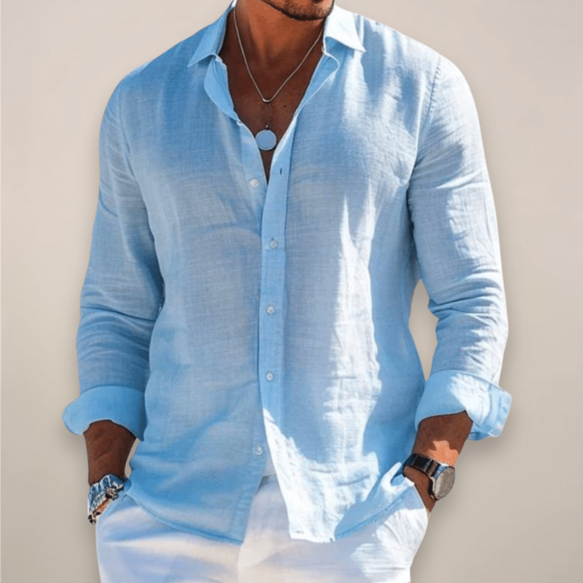 Men’s Linen Long Sleeve Button - Up Shirt with Collared Neck