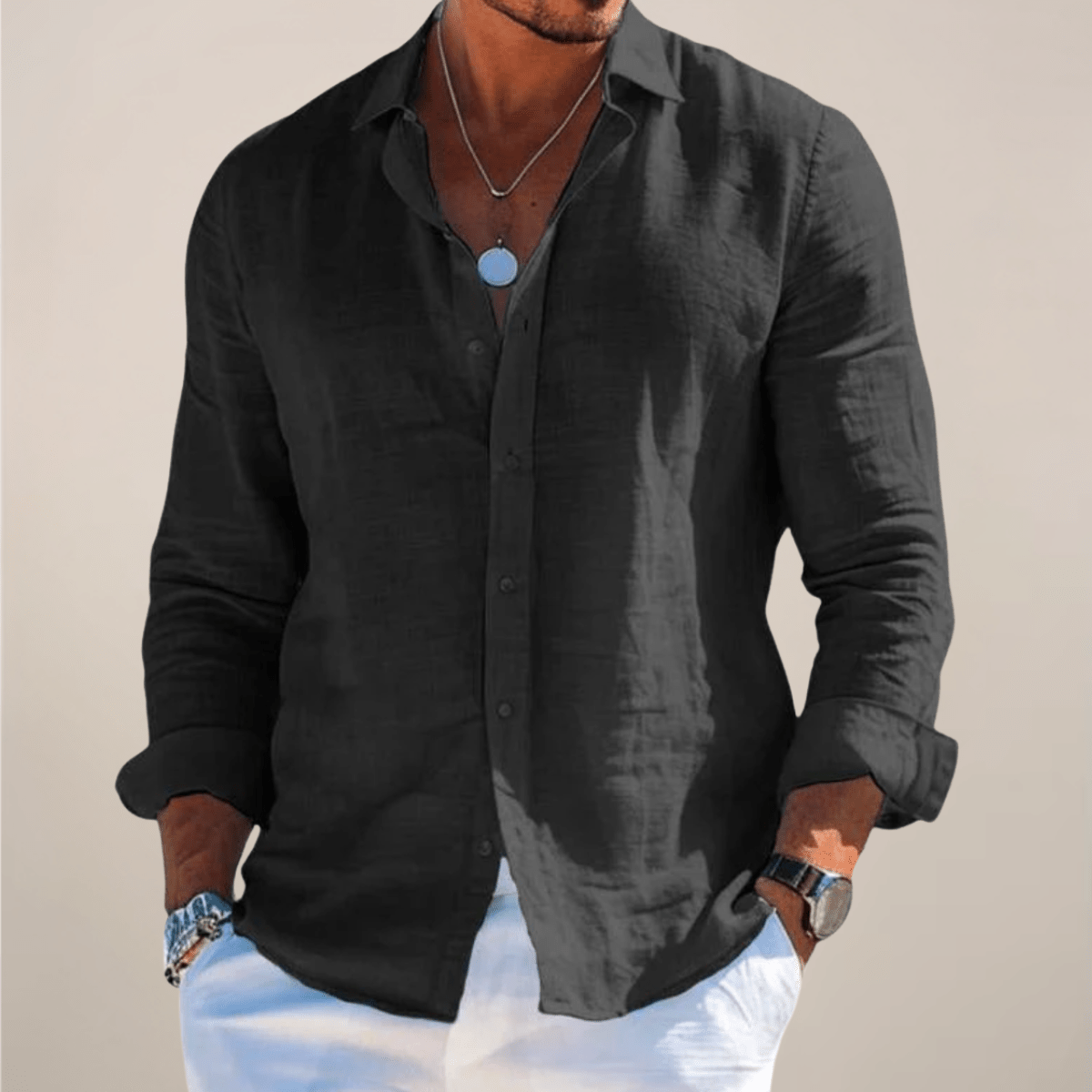 Men’s Linen Long Sleeve Button - Up Shirt with Collared Neck
