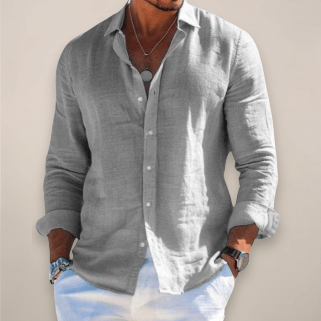 Men’s Linen Long Sleeve Button - Up Shirt with Collared Neck