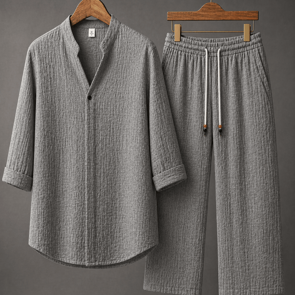 Men's Linen V - Neck Three - Quarter Sleeve Two Piece Set