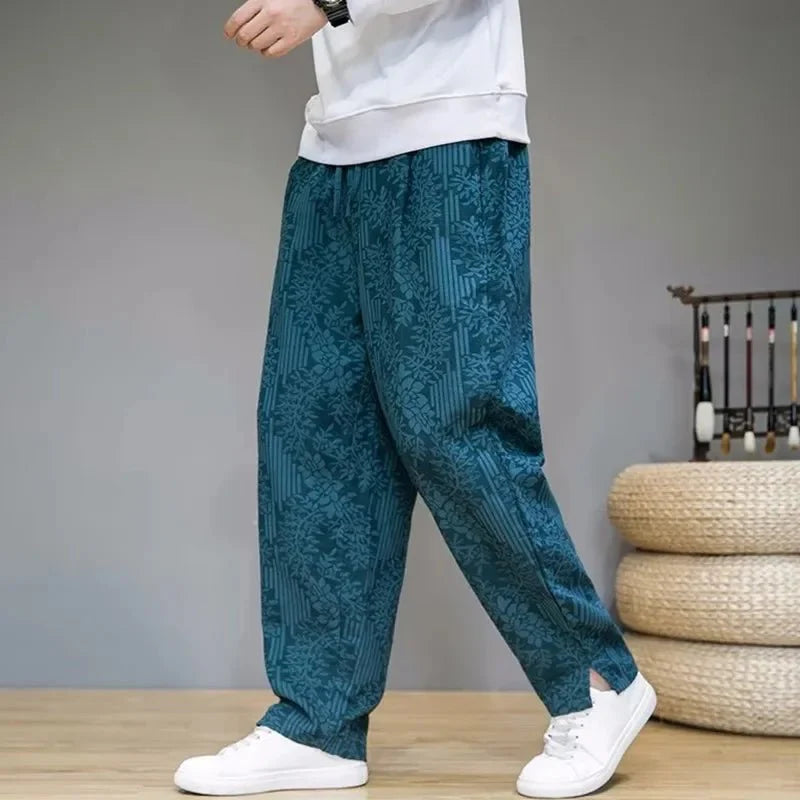 Men’s Linen Wide - Leg Pants with Drawstring Waist and Floral Pattern