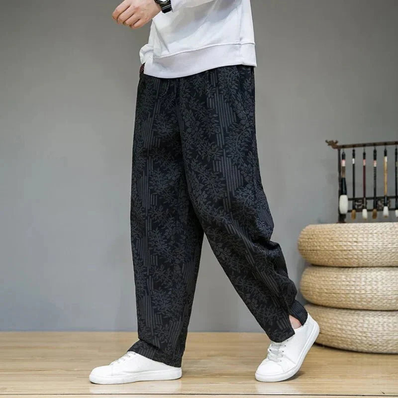 Men’s Linen Wide - Leg Pants with Drawstring Waist and Floral Pattern