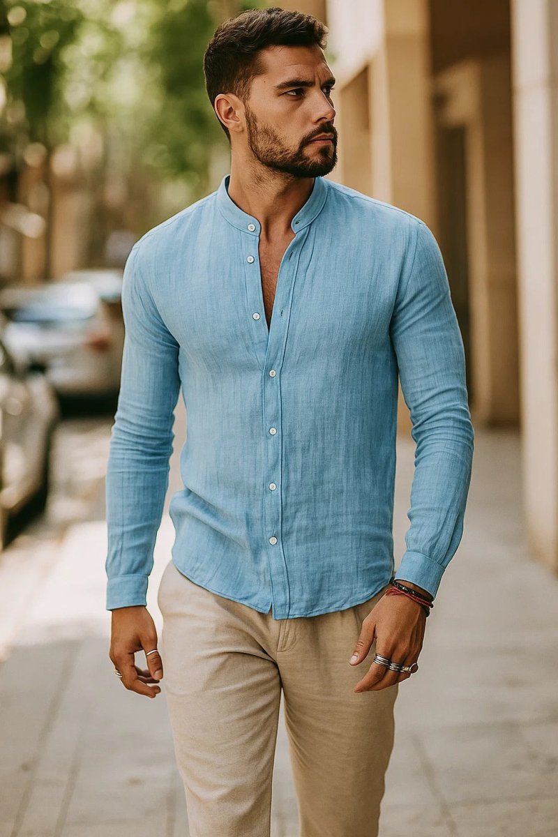 Men’s Long Sleeve Button - Up Shirt with Band Collar and Rolled Sleeves