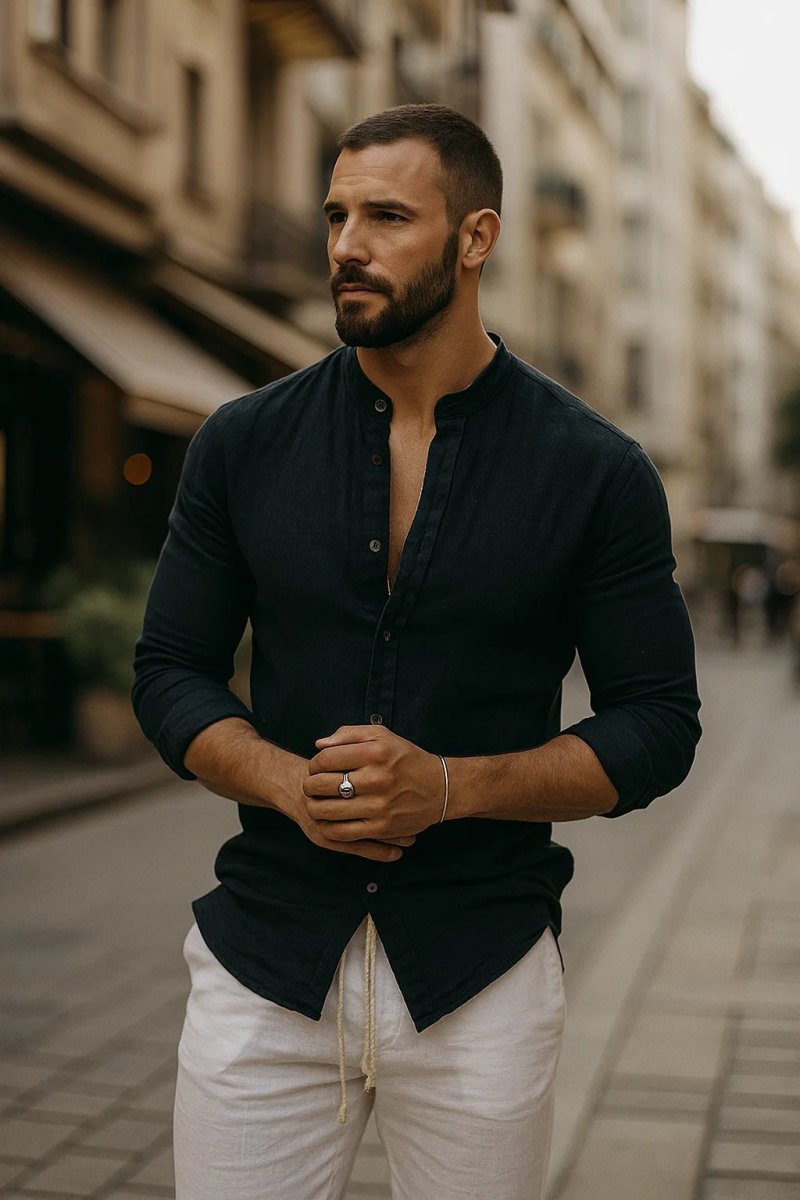 Men’s Long Sleeve Button - Up Shirt with Band Collar and Rolled Sleeves
