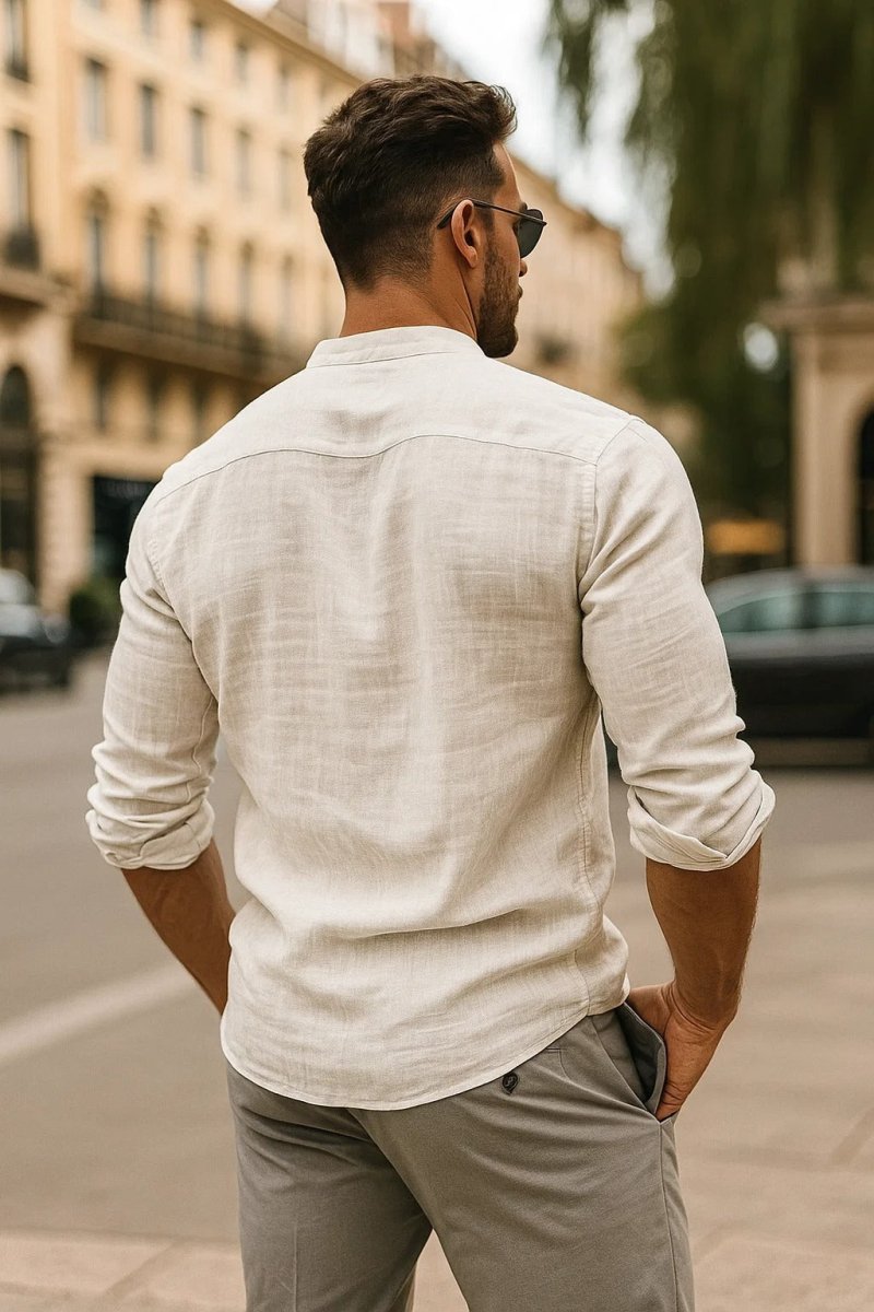 Men’s Long Sleeve Button - Up Shirt with Band Collar and Rolled Sleeves