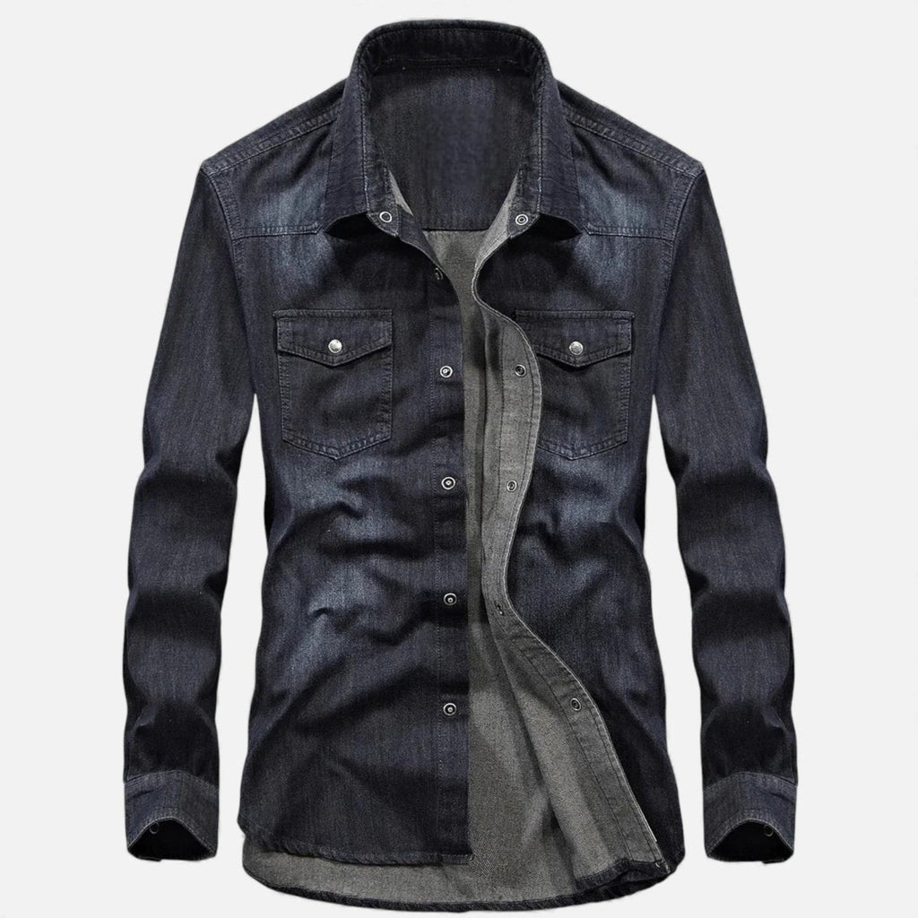Men’s Long Sleeve Denim Button - Up Shirt with Chest Pockets and Classic Collar