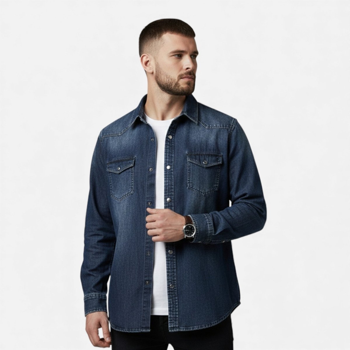 Men’s Long Sleeve Denim Button - Up Shirt with Chest Pockets and Classic Collar