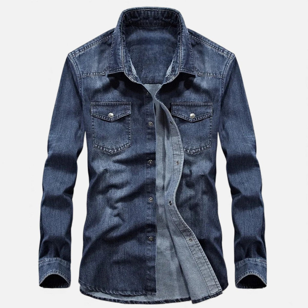 Men’s Long Sleeve Denim Button - Up Shirt with Chest Pockets and Classic Collar
