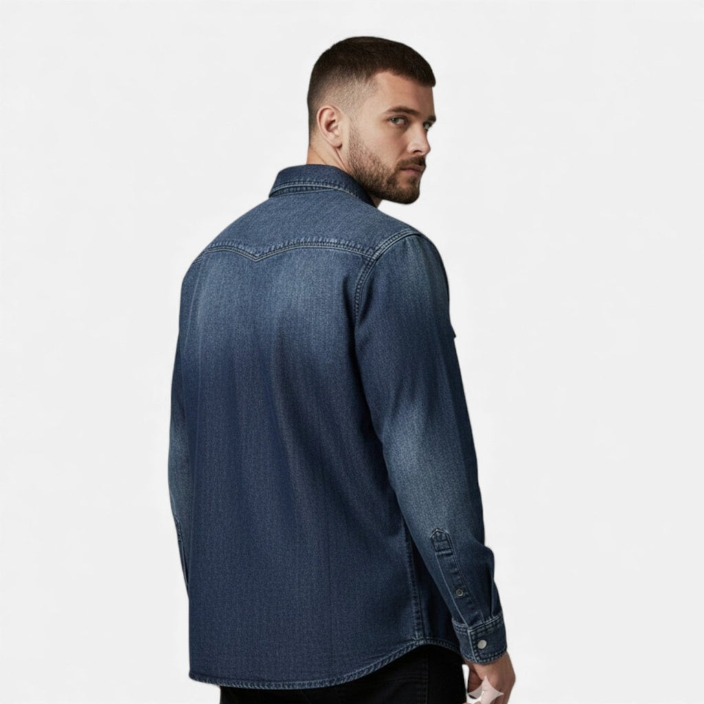 Men’s Long Sleeve Denim Button - Up Shirt with Chest Pockets and Classic Collar