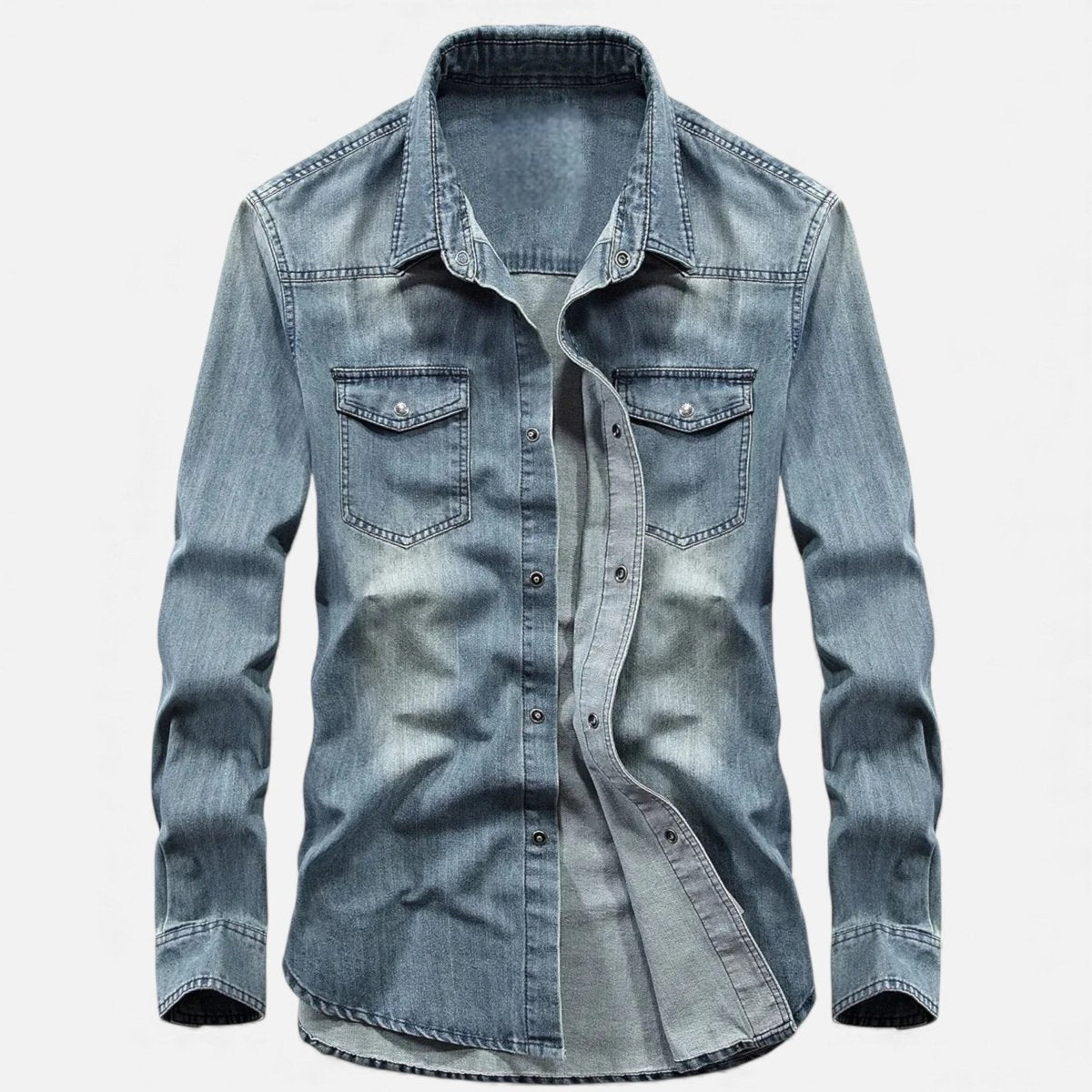 Men’s Long Sleeve Denim Button - Up Shirt with Chest Pockets and Classic Collar