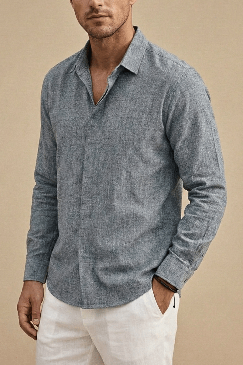 Men’s Long Sleeve Linen Button - Up Shirt with Spread Collar