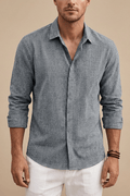 Men’s Long Sleeve Linen Button - Up Shirt with Spread Collar
