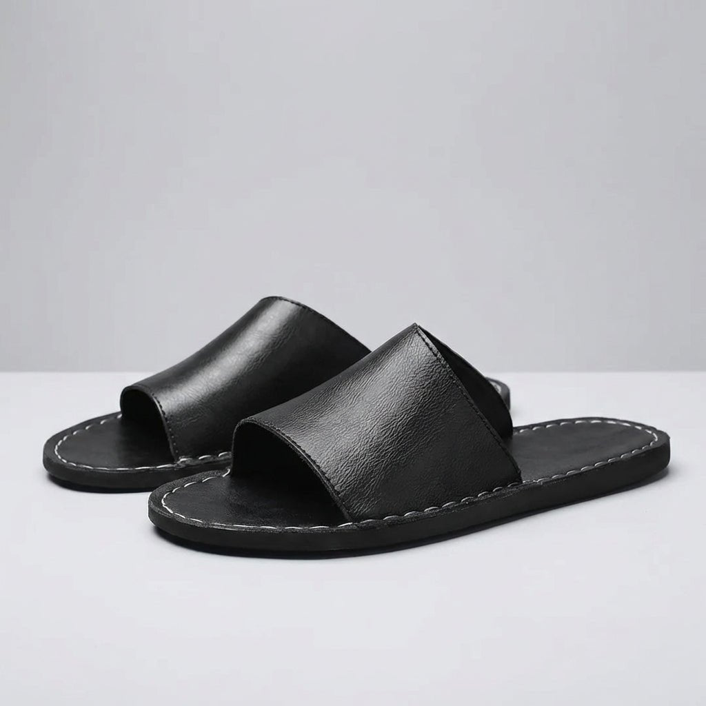 Men’s Minimalist Slip - On Slide Sandals with Contrast Stitch Detail - Faux Leather