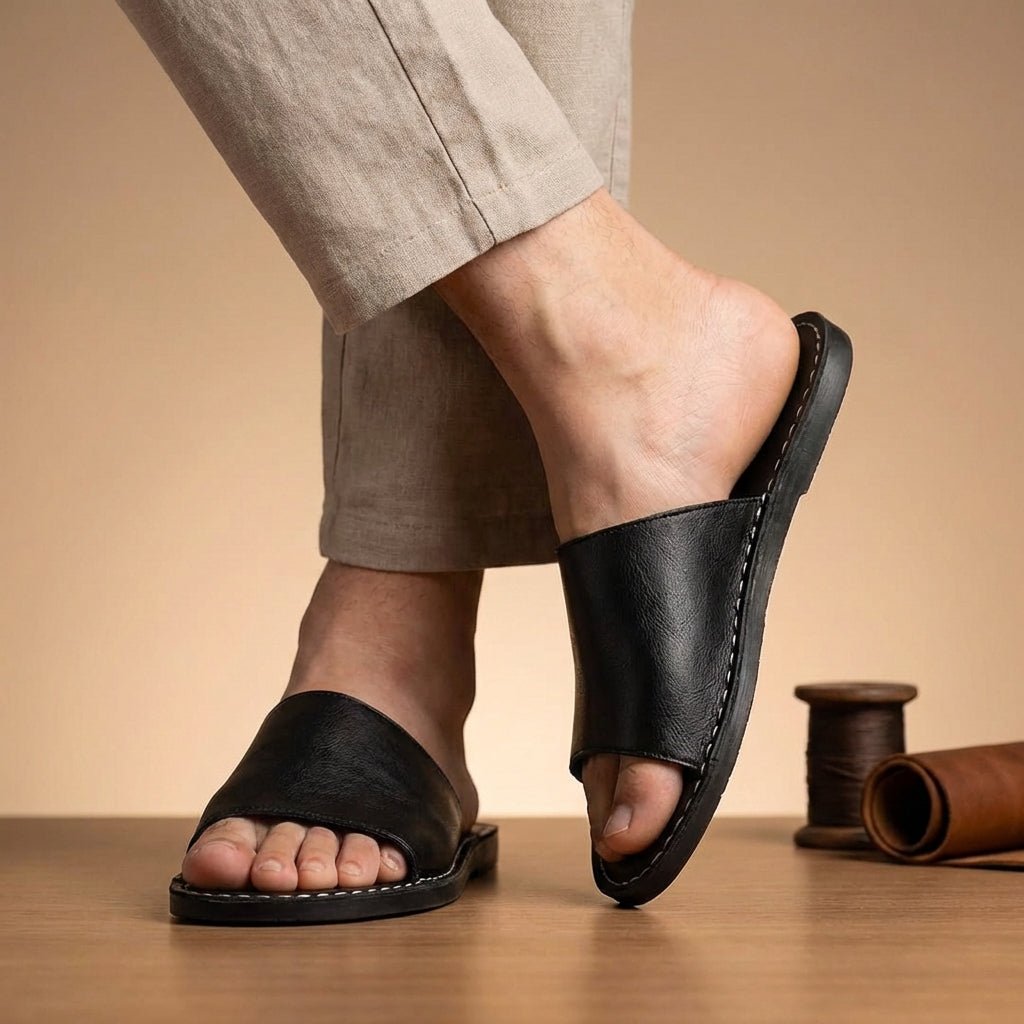Men’s Minimalist Slip - On Slide Sandals with Contrast Stitch Detail - Faux Leather