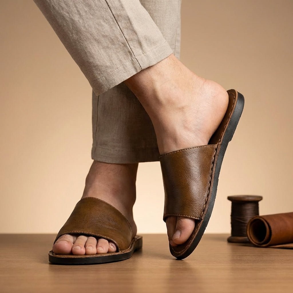 Men’s Minimalist Slip - On Slide Sandals with Contrast Stitch Detail - Faux Leather