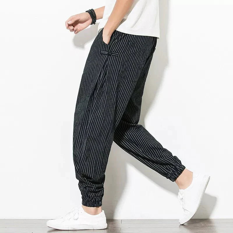 Men's Pinstripe Joggers with Drawstring Waist - Elastic Cuffs