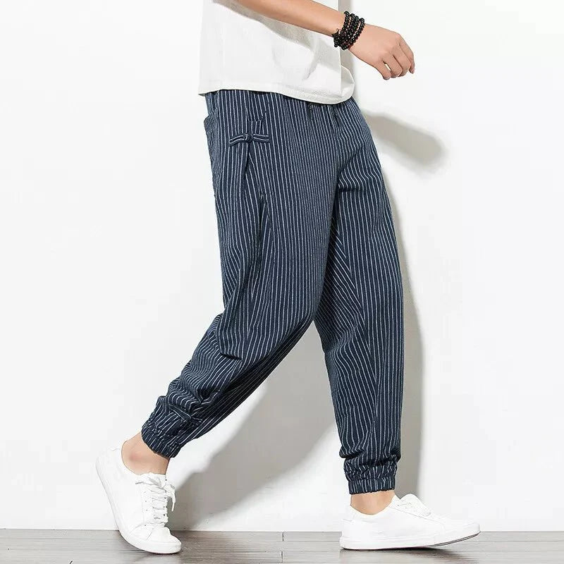 Men's Pinstripe Joggers with Drawstring Waist - Elastic Cuffs