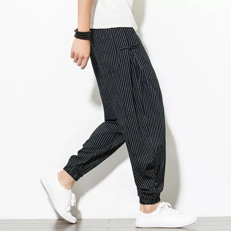 Men's Pinstripe Joggers with Drawstring Waist - Elastic Cuffs
