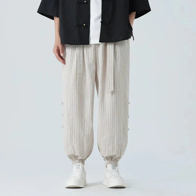 Men's Pinstripe Joggers with Side Buckle Details