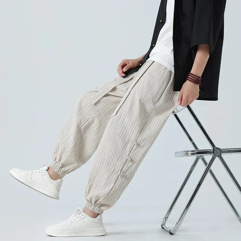 Men's Pinstripe Joggers with Side Buckle Details
