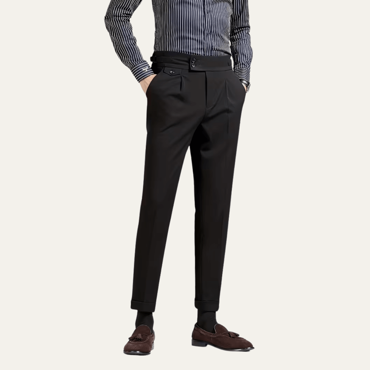 Men’s Pleated Dress Pants with High Waist and Double Button Waistband