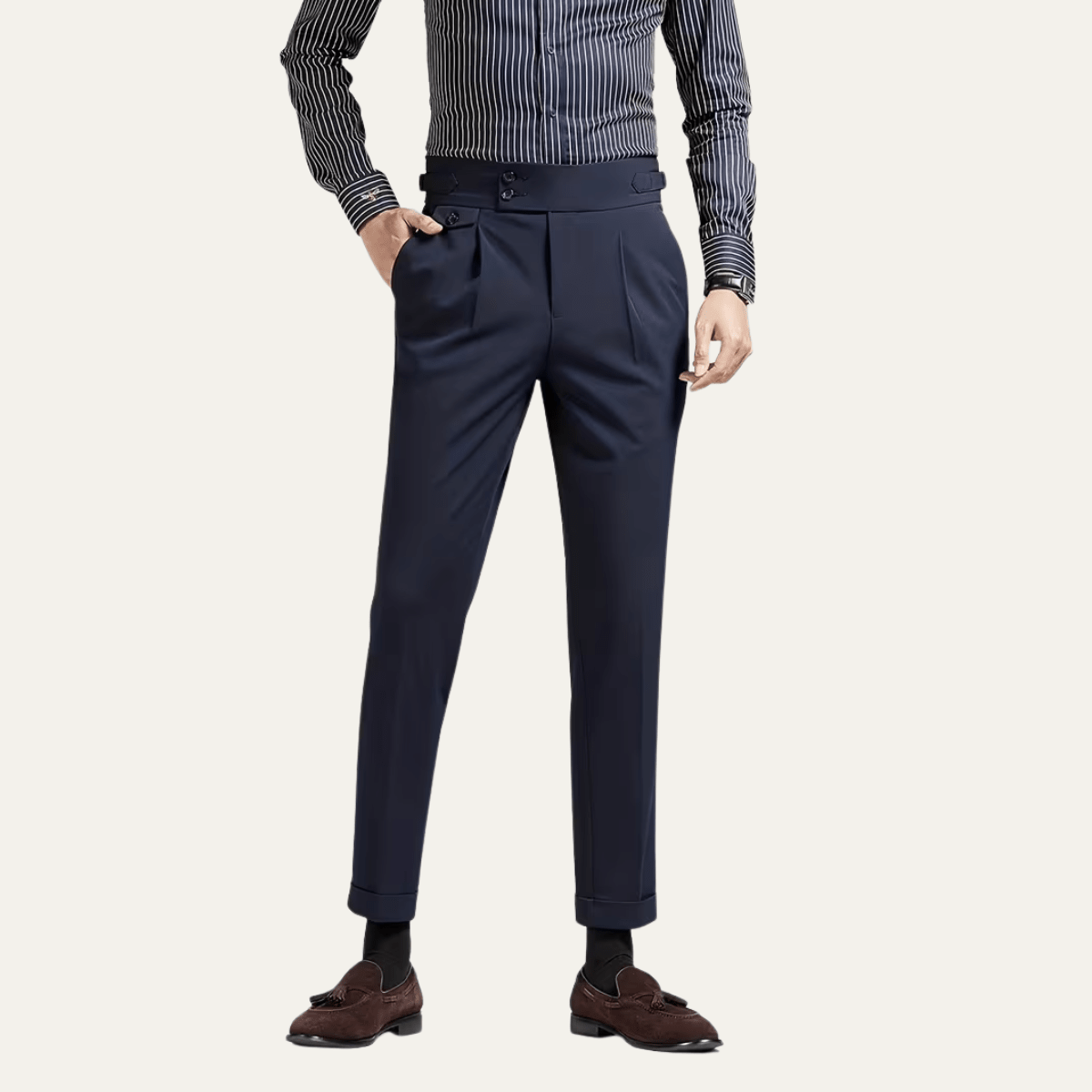 Men’s Pleated Dress Pants with High Waist and Double Button Waistband