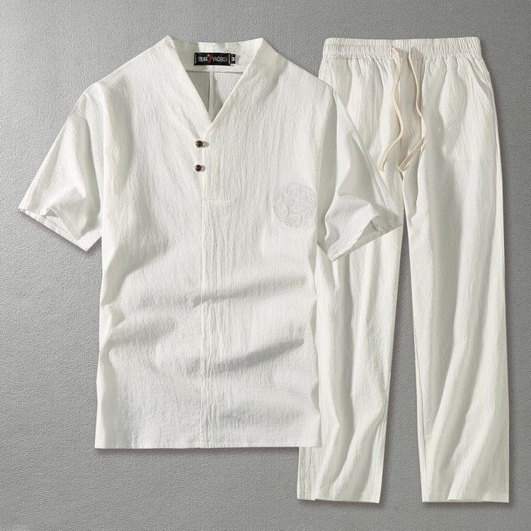 Men’s Relaxed Two - Piece Casual Set – Short Sleeve Shirt and Drawstring Trousers
