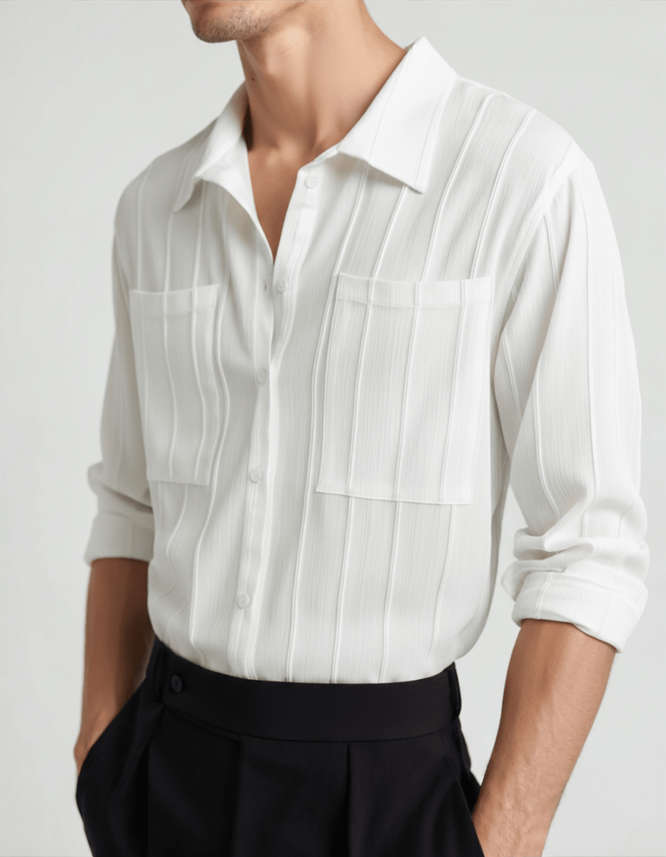 Men’s Ribbed Long Sleeve Button - Up Shirt with Chest Pockets