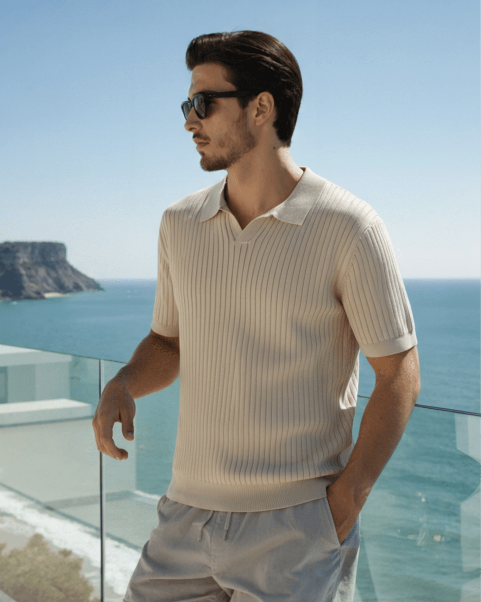 Men’s Ribbed Short Sleeve Polo Shirt with Open Collar