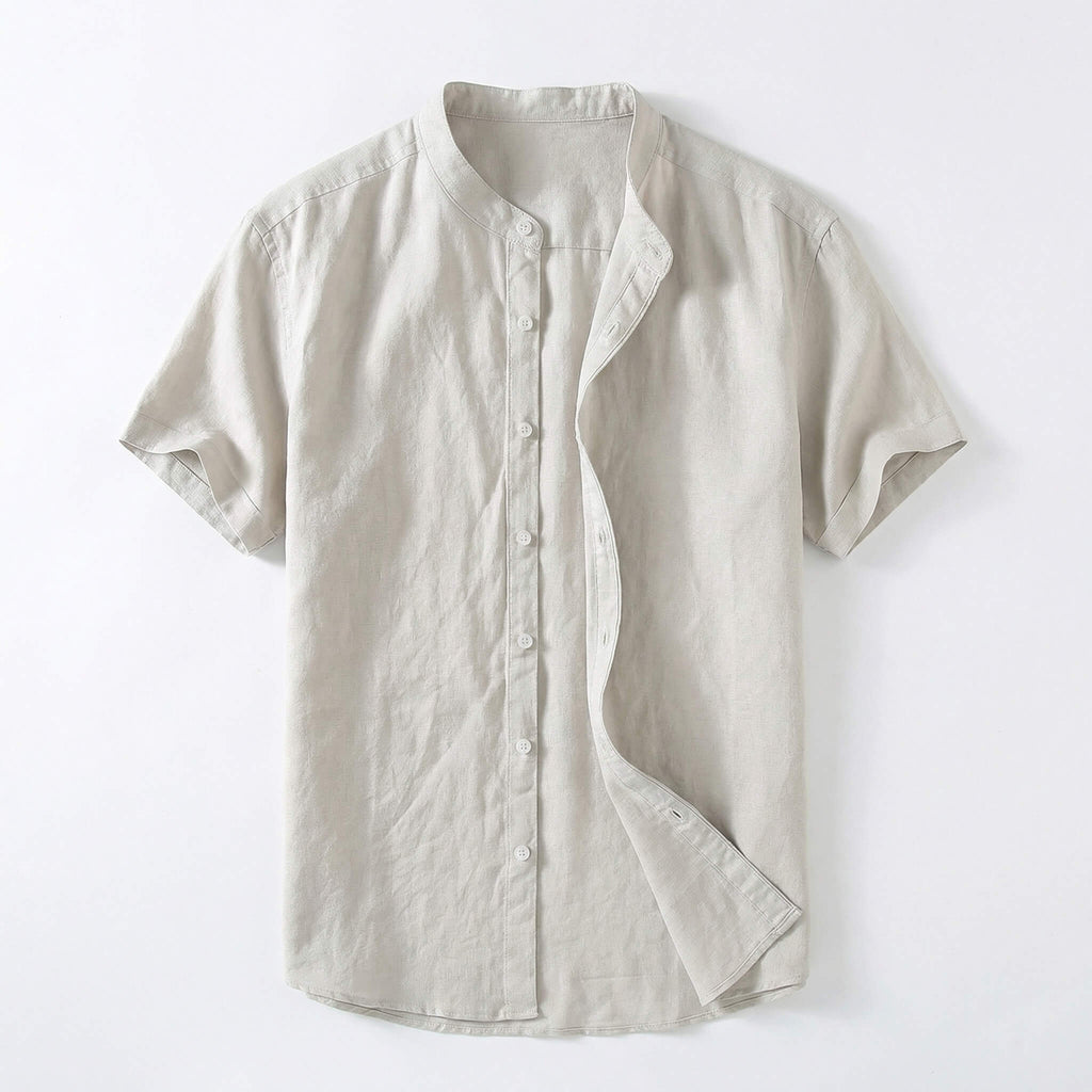 Men's Short Sleeve Linen Blend Band Collar Button-Up Shirt