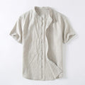 Men's Short Sleeve Linen Blend Band Collar Button-Up Shirt