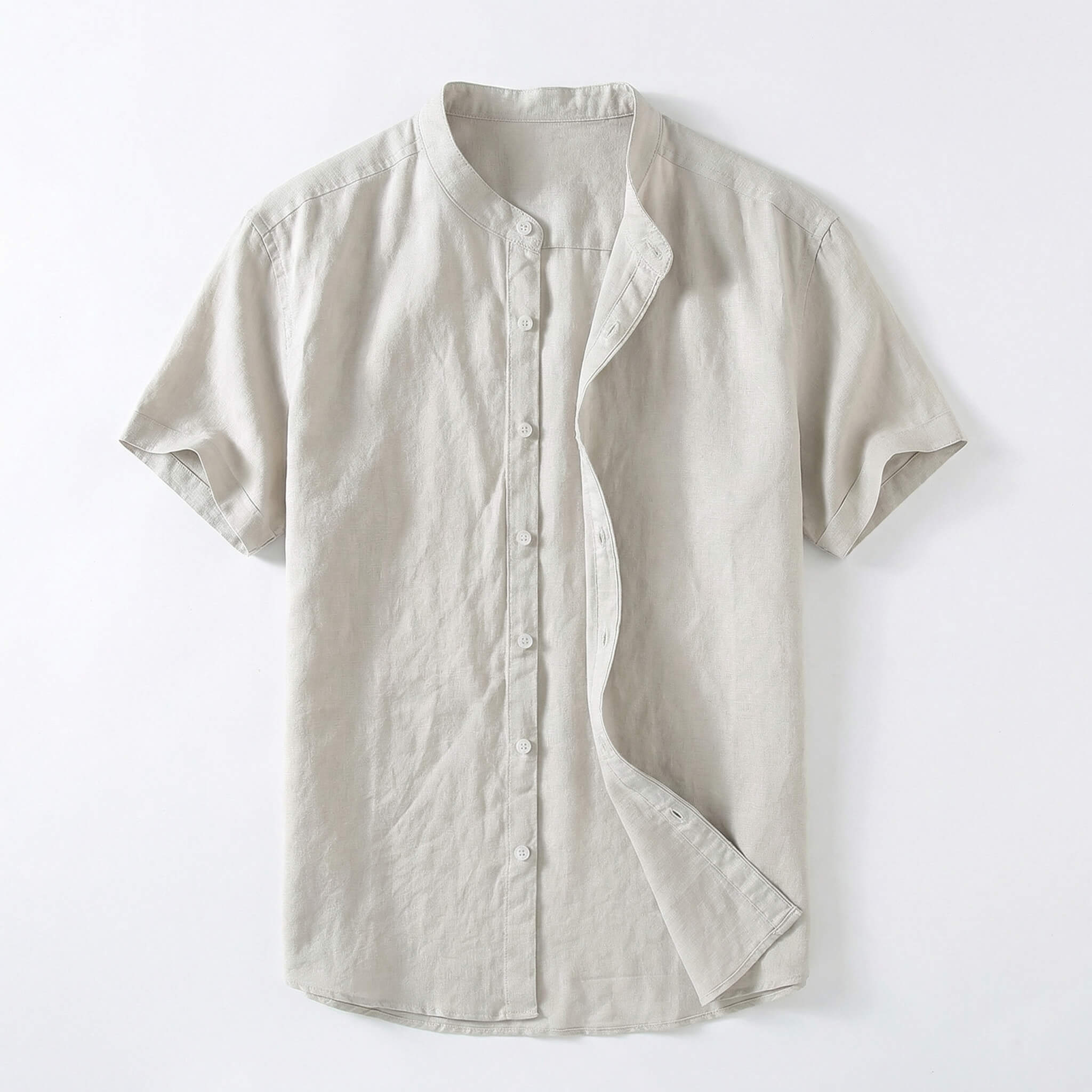 Men's Short Sleeve Linen Blend Band Collar Button-Up Shirt