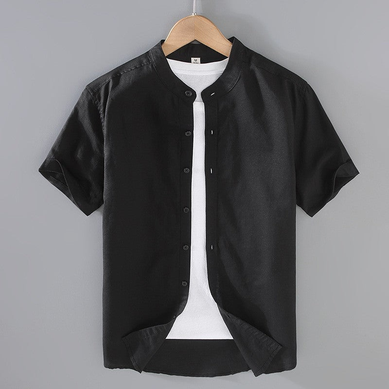 Men's Short Sleeve Linen Blend Band Collar Button-Up Shirt