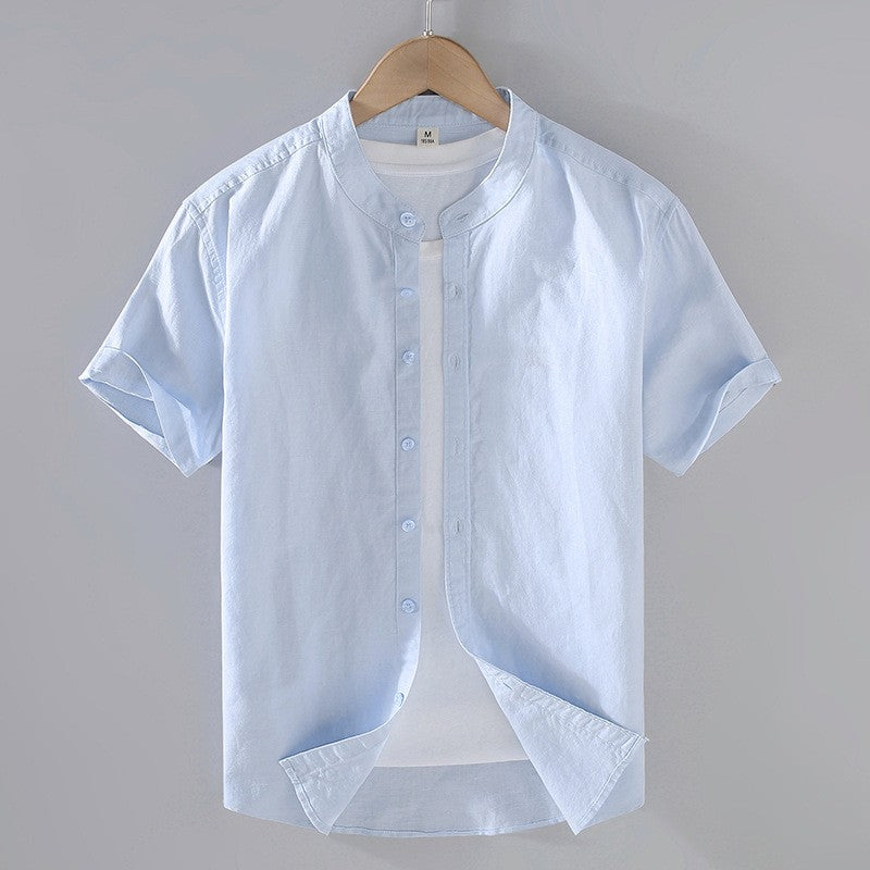 Men's Short Sleeve Linen Blend Band Collar Button-Up Shirt