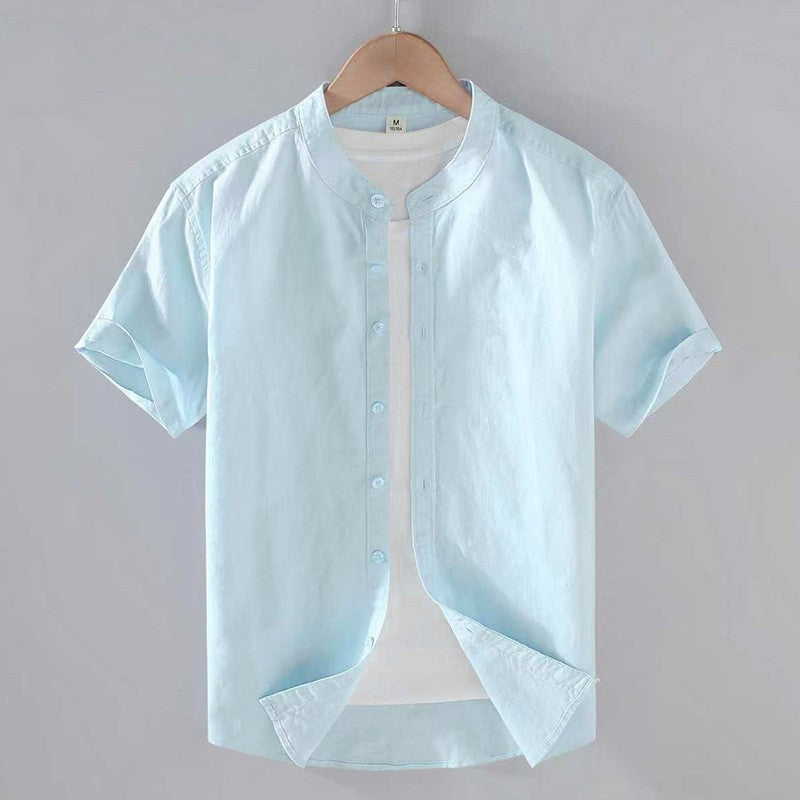 Men's Short Sleeve Linen Blend Band Collar Button-Up Shirt