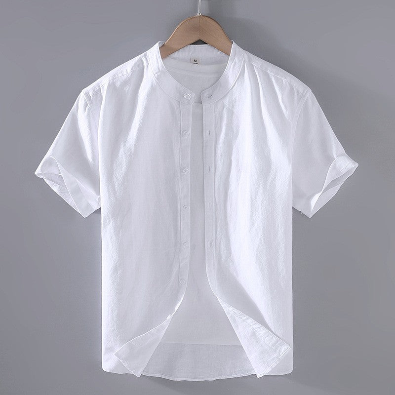 Men's Short Sleeve Linen Blend Band Collar Button-Up Shirt