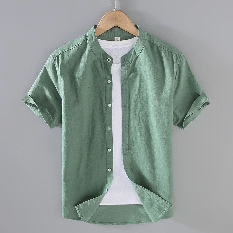 Men's Short Sleeve Linen Blend Band Collar Button-Up Shirt