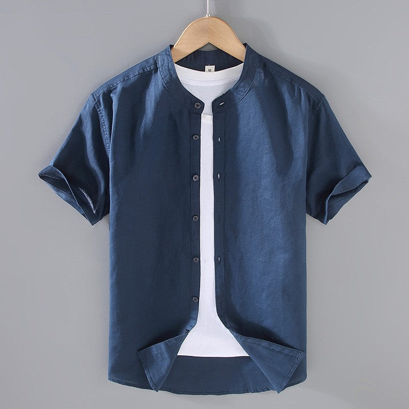 Men's Short Sleeve Linen Blend Band Collar Button-Up Shirt