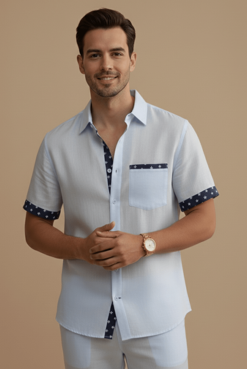 Men’s Short Sleeve Button - Up Shirt with Contrast Trim Details
