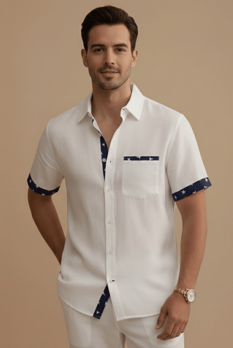Men’s Short Sleeve Button - Up Shirt with Contrast Trim Details