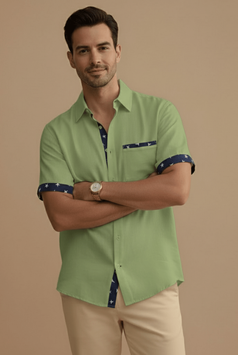 Men’s Short Sleeve Button - Up Shirt with Contrast Trim Details