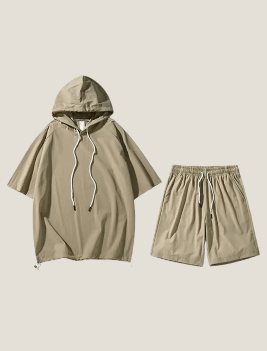 Men's Short Sleeve Hoodie Two Piece Set with Shorts