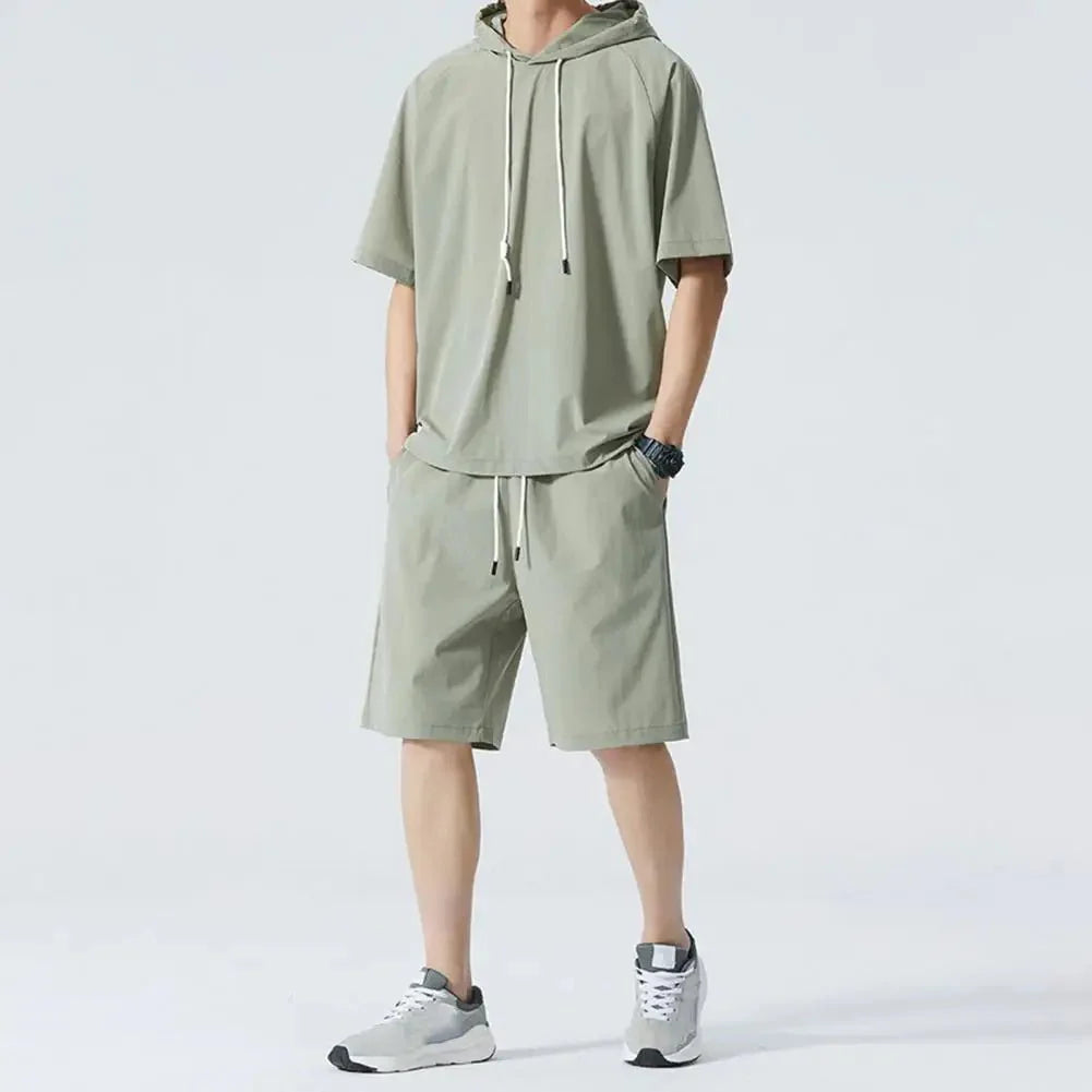 Men's Short Sleeve Hoodie Two Piece Set with Shorts
